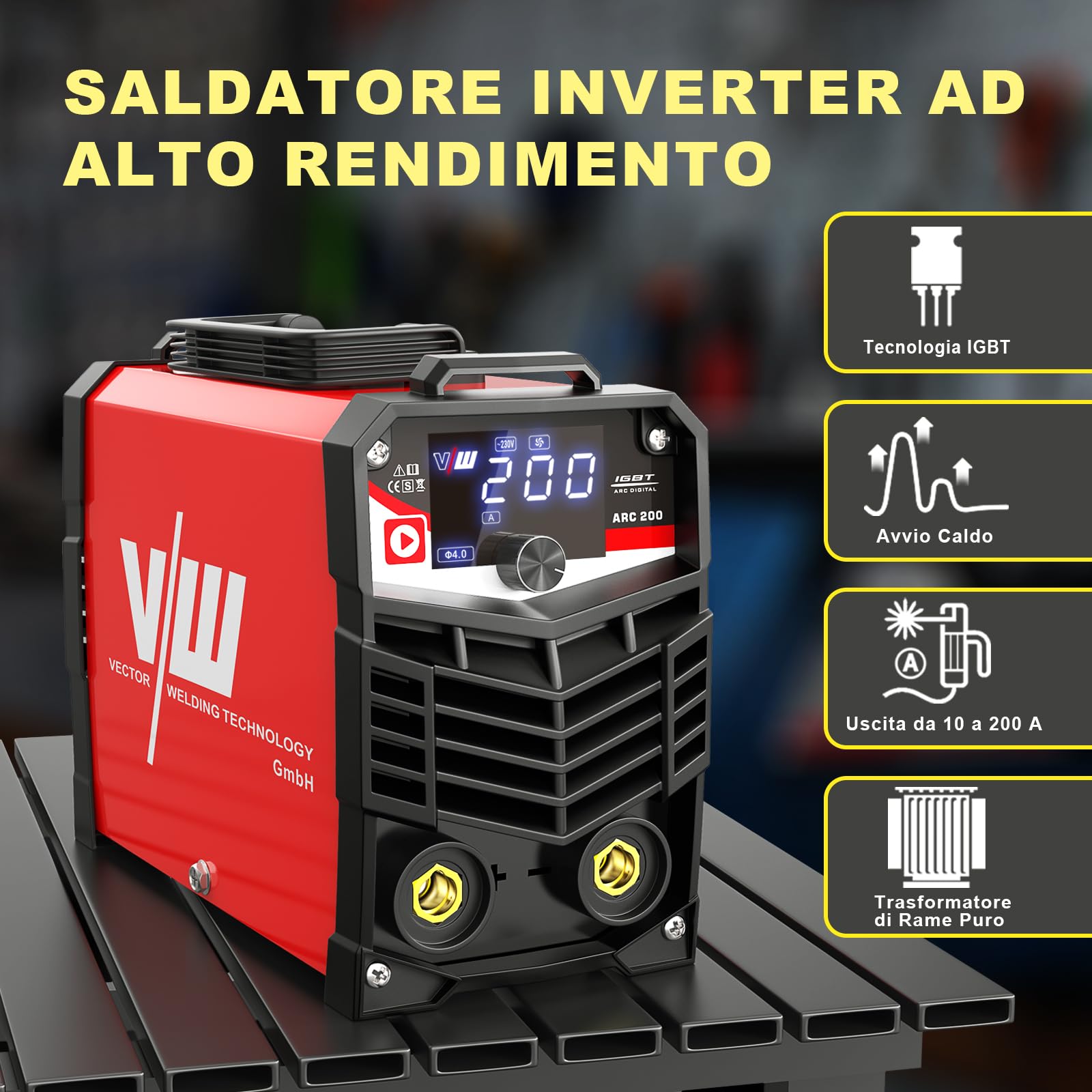 200A Saldatrice a Elettrodi, ARC/MMA Inverter Saldatrice, Saldatrice Portatile con IGBT e Controllo Dell'arco per Principianti, ARC 200 con Hot Start, Casco da Saldatura, 10 Elettrodi-VECTOR WELDING