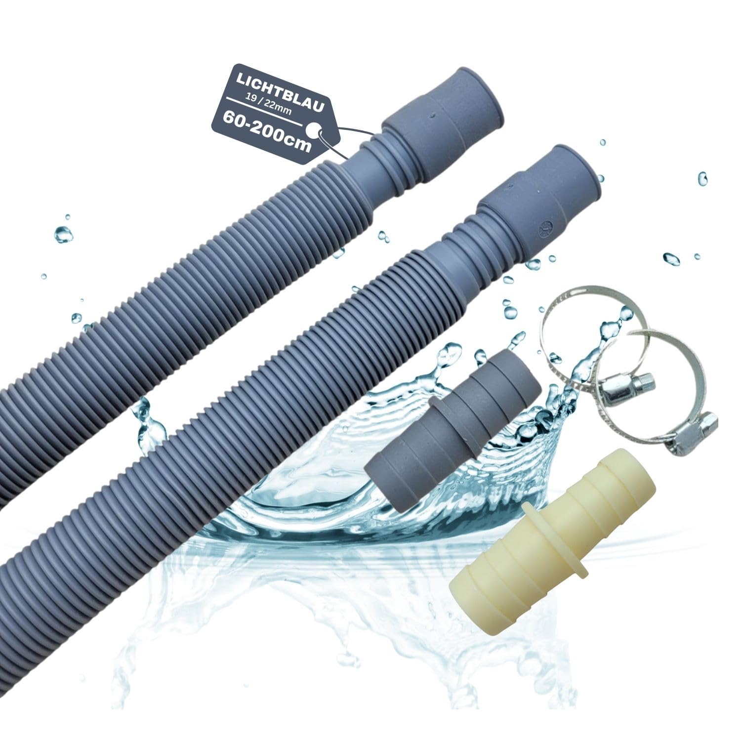 LICHTBLAU Ablaufschlauch und Verlängerung Set 2997 FLEXI 60-200cm I ausziehbar inkl. Verbinder und Schlauchschellen, für Waschmaschine und Geschirrspüler Wasserablaufschlauch universell verwendbar