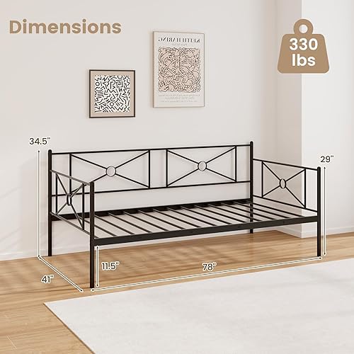 Miniatura 2 de KOMFOTT Marco de cama de metal de tamaño individual, plataforma de soporte de listones de acero resistente, sofá cama multifuncional con cabecero