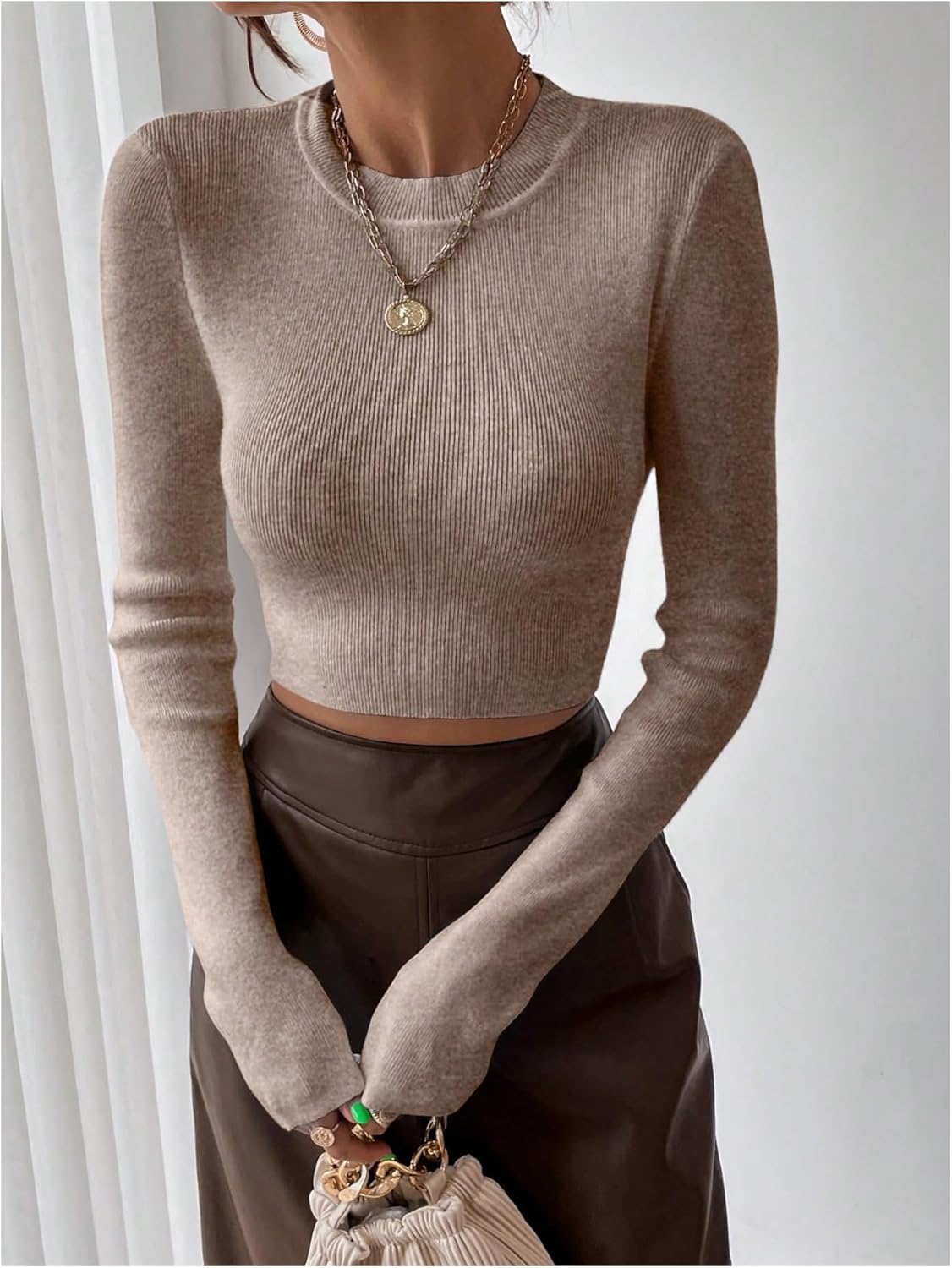 OYOANGLE Women's Crew Neck Ribbed Cropped Sweater Long Sleeve Solid Fitted Pullover Knit Tops - Image 5