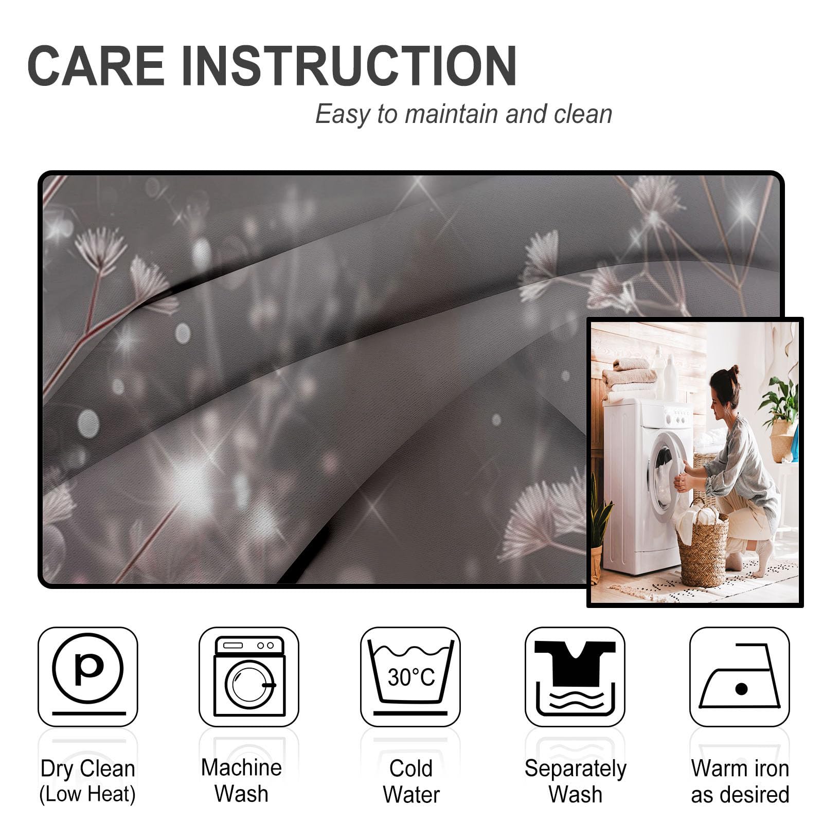 Rideau Occultant Isolant Thermique, Anti Froid Rideaux Opaque pour Chambre Coucher Salon Fleurs Art Décor Chambre, Motif Plantes Gouttes De Rosée, 140L X 225H cm, 2 Panneaux, Poudre de Cendre