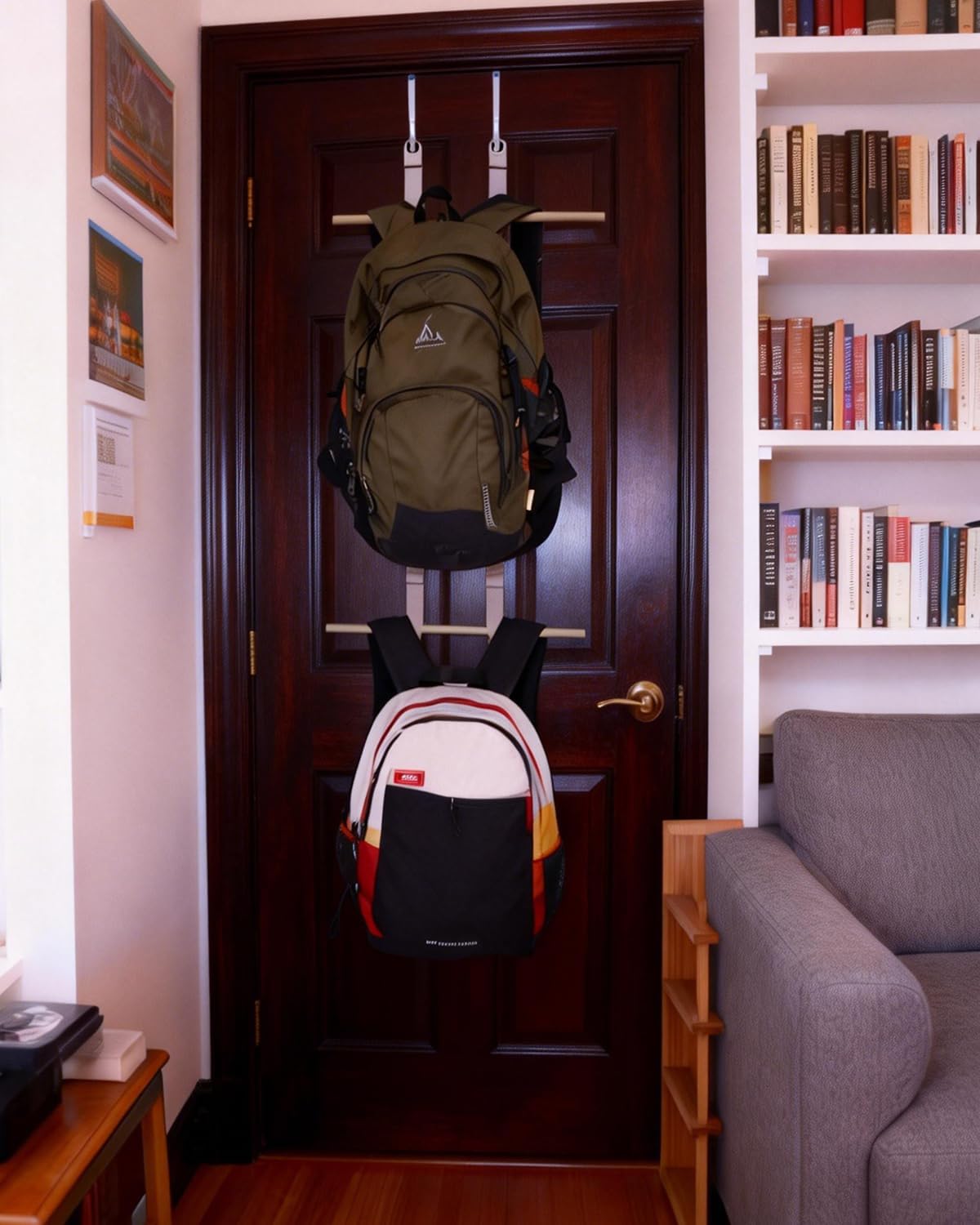 Over The Door Backpack Hanger ：Backpack Over The Door Hanger For Closet Or Bedroom Two Tiered Bookbag Storage Rack Wood And Metal Storage Organizer For Doors Hook Holder Hanging Behind