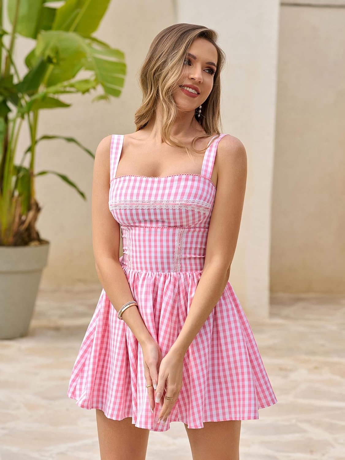 KUTUMAI Summer Gingham Mini Dress Corset Square Neck Lace Up Casual Sundress Flowy A Line Short Dresses for Women 2025 - Image 3