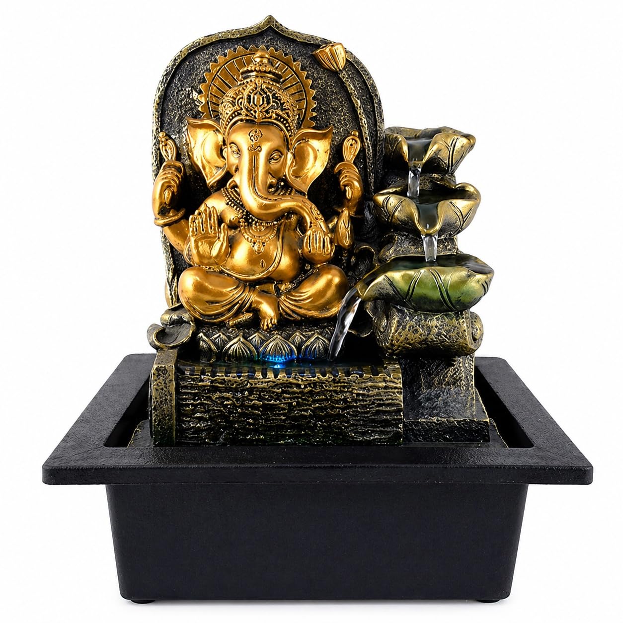 Fuente de Agua Ganesha de Mesa: Cascada de Resina con Loto para Decoración de Interior