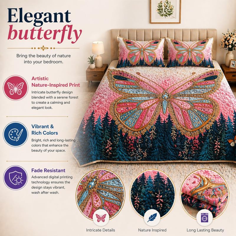 Image of Akshya Double Bedsheet King Size (90x100 Inch) with 2 Pillow Covers | 300 TC Microfiber Soft Bedsheet | Pink Butterfly Floral Printed Bedsheet for Double Bed