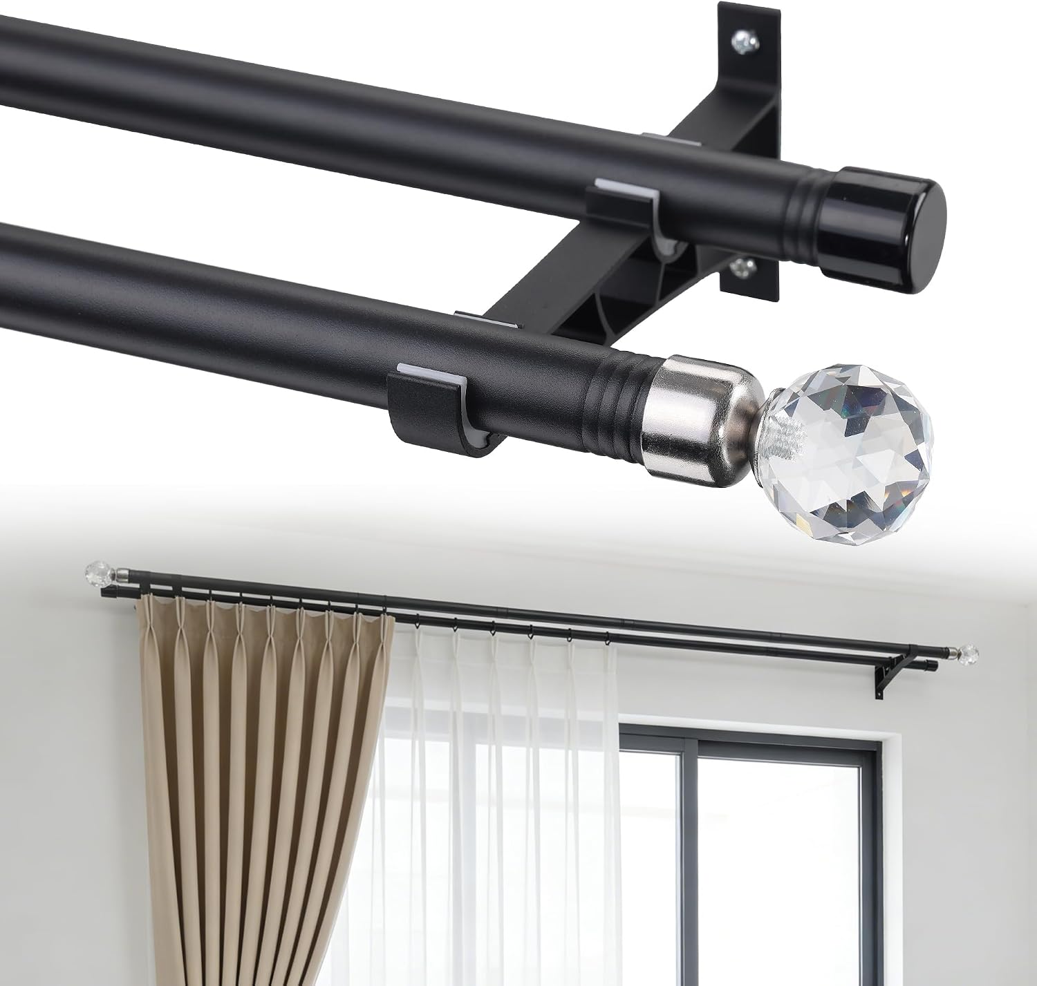 Double Curtain Rod for Windows, Black Dual Curtain Rods 28 to 72 Inch Heavy Duty 1 Inch Blackout Decorative Finials for Blackout Curtains Wall Mounted for Bedroom Living Room