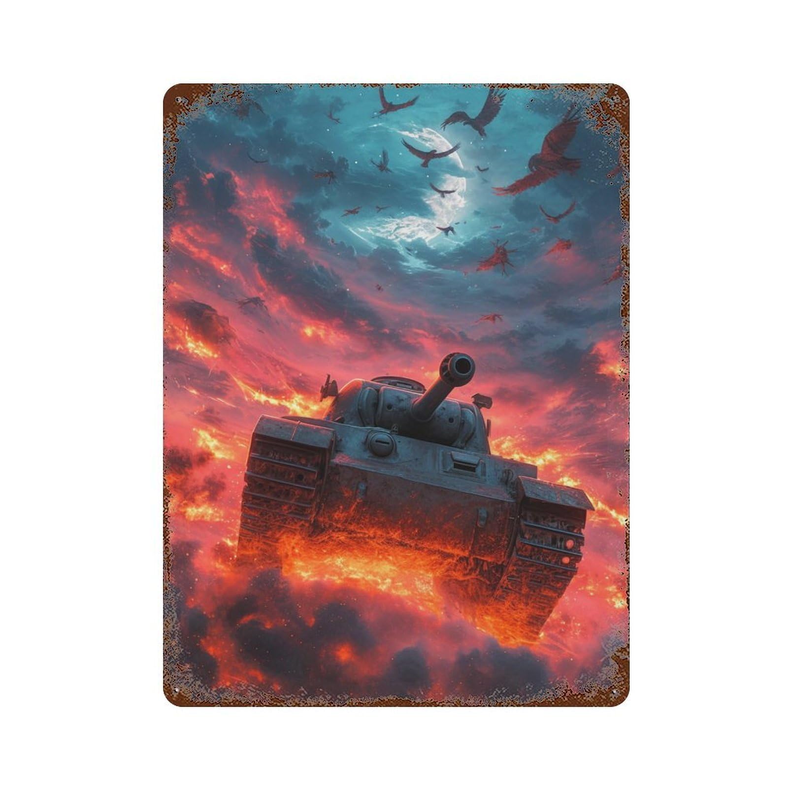 Rust Effect War Tank in Fiery Sky Rustic Tin Plaque 15.7"x11.8", Shabby Chic Decor for Basement, Hobby Room And Garage Decor