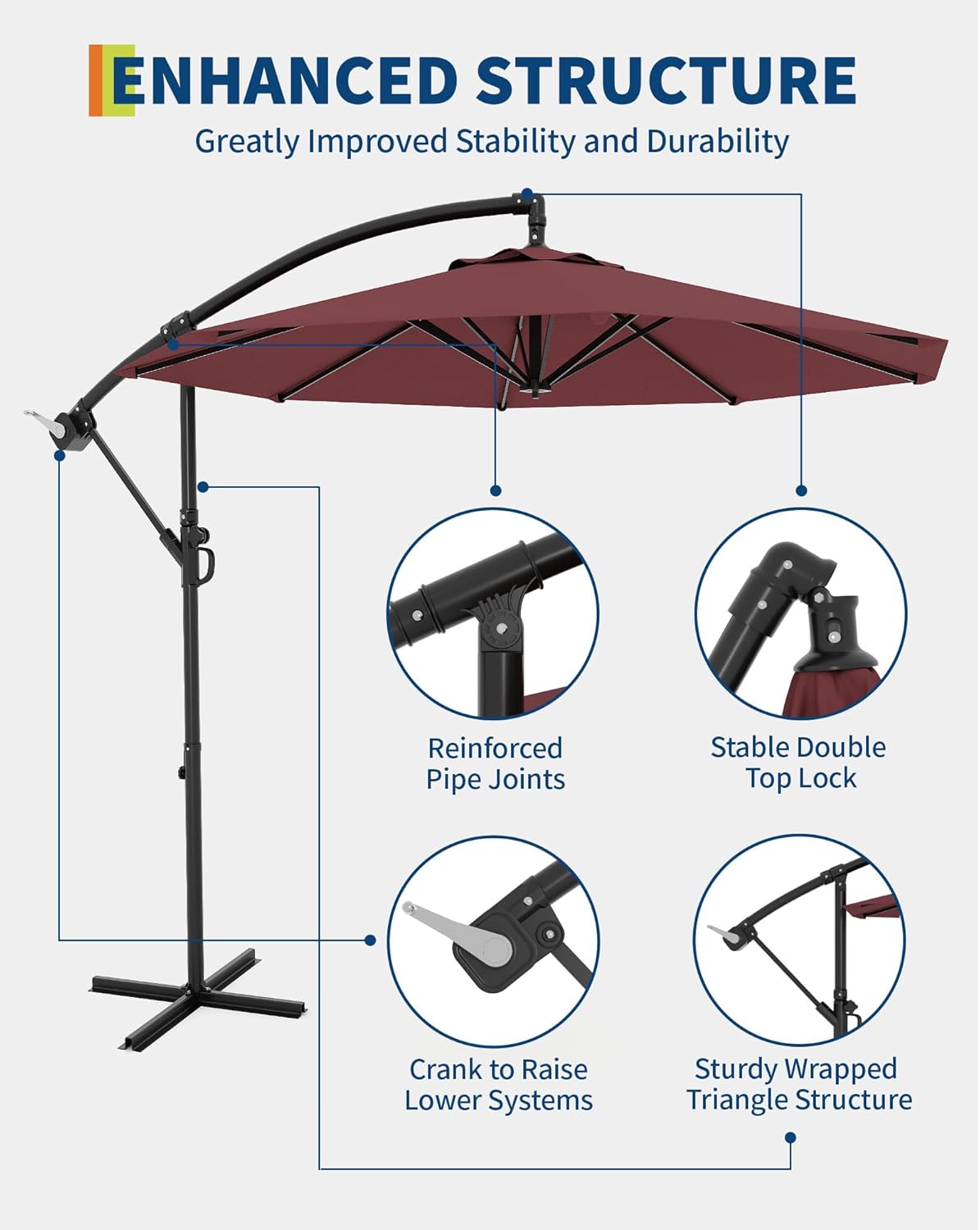 GarveeLife 10 ft Outdoor Offset Umbrella with Cross Base, Fade Resistant Canopy Large Patio Umbrella with Infinite Tilt and Crank Lift for Deck Pool Garden Backyard, Tan (Wine Red) - Image 4