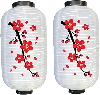 Japanese Lantern, 2pcs 45x35cm Waterproof Silk Cloth Plum Blossom Lanterns, Traditional Chinese Lantern for Home Yard Garden Festival DecorationsWhite