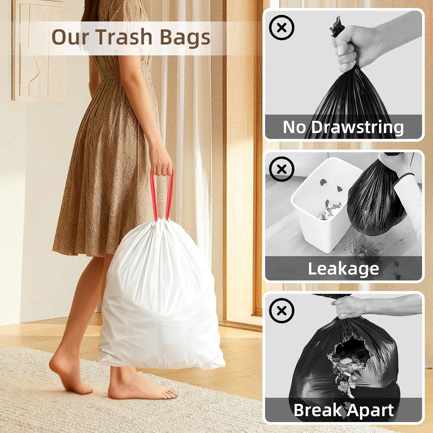 KUK 13 Gallon Tall Kitchen Drawstring Trash Bags, Unscented, White, 120 Count, Tear-Free Individual Garbage Bags, Tear-Resistant, Leak Proof, Garbage Bag for Kitchen, Home Office 2