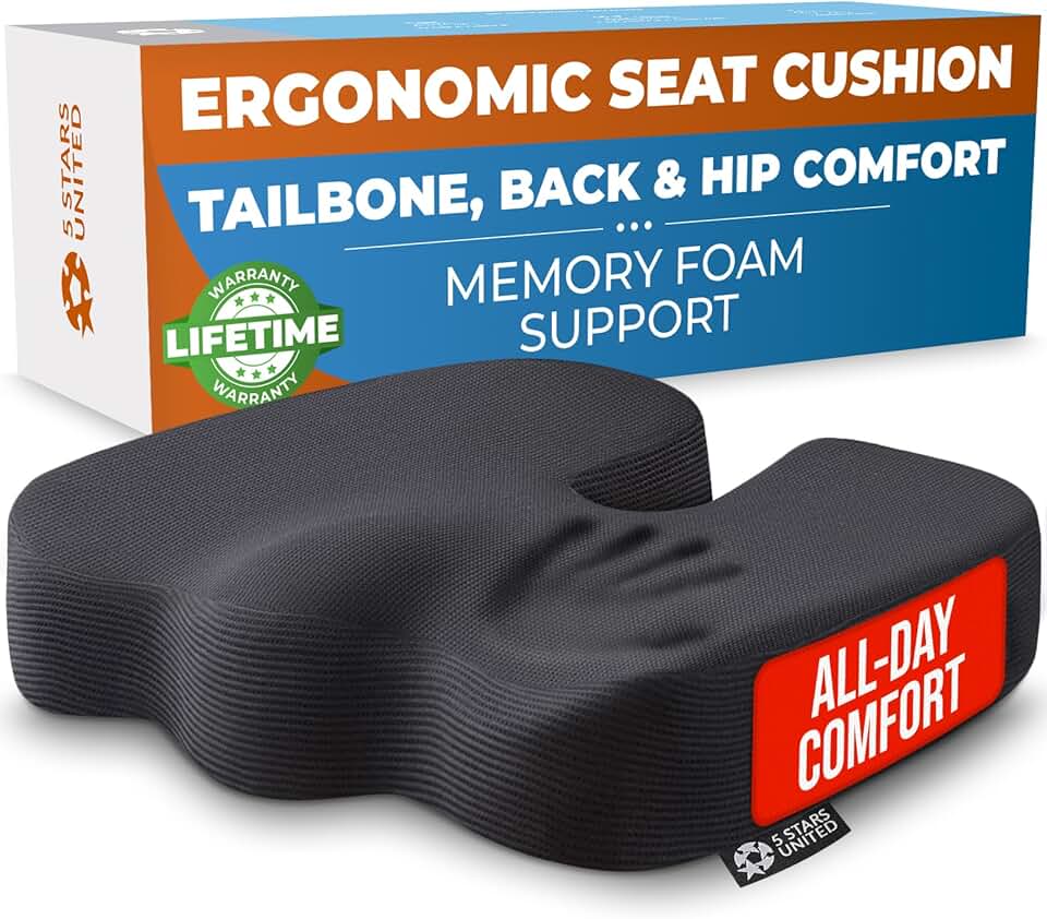 5 STARS UNITED Seat Cushion - Memory Foam Chair Cushion for Tailbone Pain Relief - Ergonomic Support for Coccyx, Sciatica & Butt -