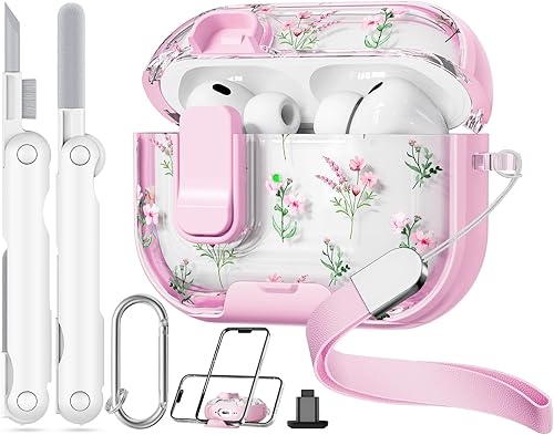 con bloqueo de seguridad para funda AirPods Pro 3 2025, Funda transparente floral linda para AirPods Pro de 3ª generación con soporte para teléfono
