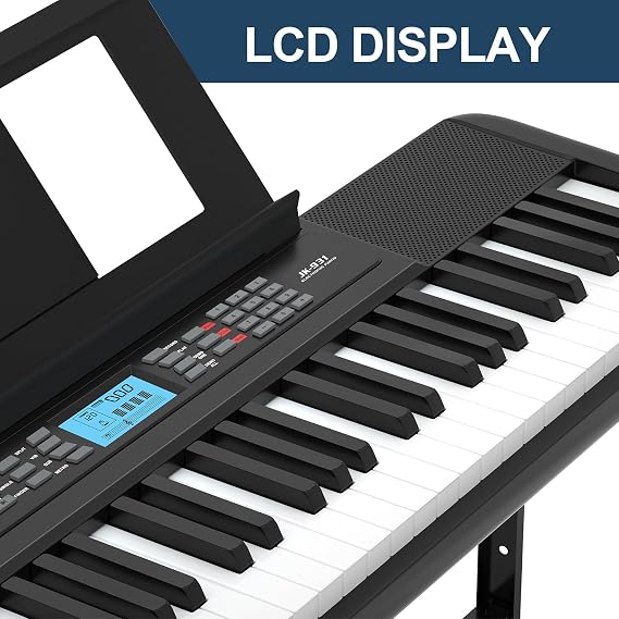 JIKADA 61 Key Electronic Keyboard Piano with 300 Timbres, 300 Rhythms | 61 Key Compact Electric Piano Keyboard w/LCD Screen, Built-In Speakers, Headphones, Stand, Stool, Music Rest, Microphone