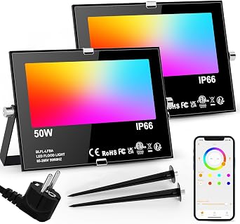 LED Spotlight Outdoor RGB 50 W Floodlight Dimmable Colourful & Cool White Smart Bluetooth App Control Floodlight IP66 Waterproof Outdoor Floodlight for Outdoor Indoor Garden Backyard Garage Pack of 2 [Energy Class E]
