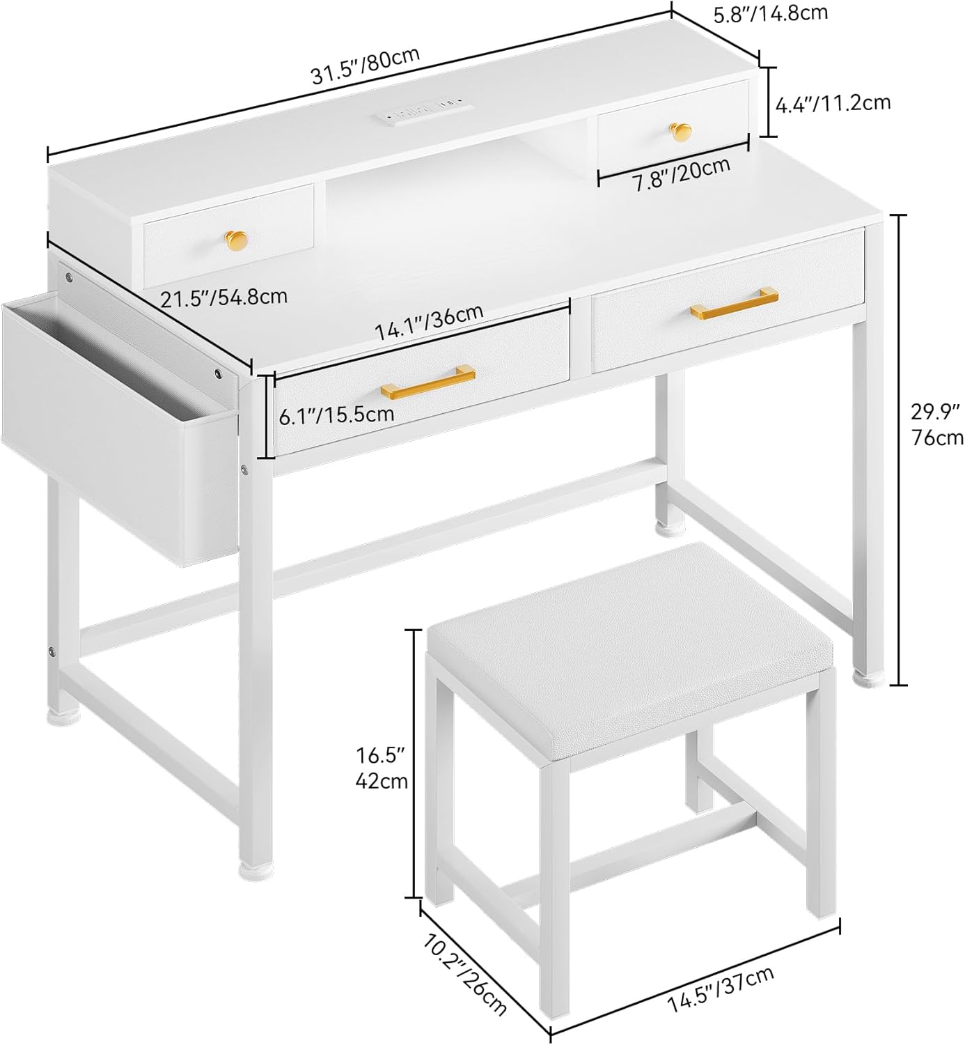 Close-up of the built-in power strip on the DWVO Vanity Table, showing AC outlets, USB, and Type-C ports with a hair straightener plugged in