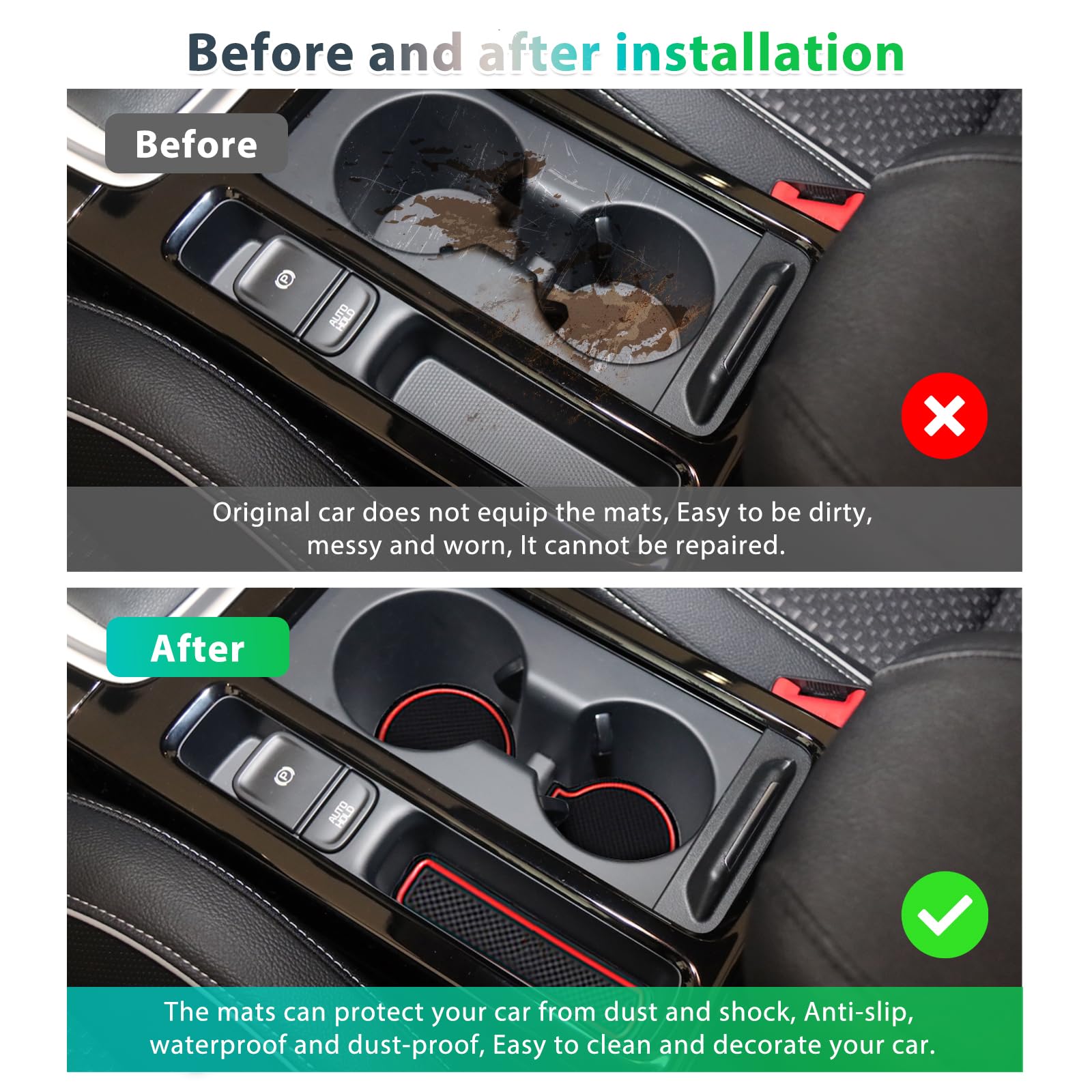 GAFAT Compatibili con Kia Ceed Proceed/XCeed GT Line 2018-2025 2026 Tappetini Antiscivolo, Tappetino in Gomma per Console Centrale, Portabicchieri, Cuciture Porta, Accessori Ceed XCeed (Rosso)