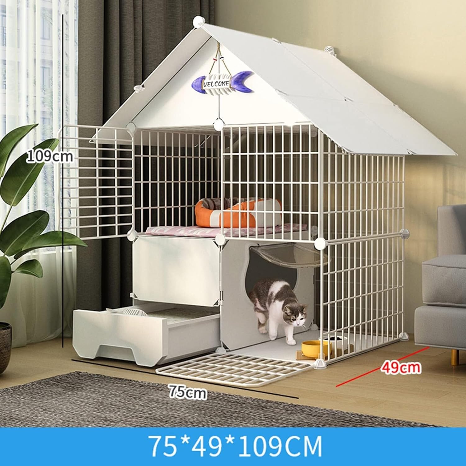 Large 3-Tier Indoor Cat Cage with Litter Box & Accessories, Collapsible Wire Cat Playpen for 1-4 Cats, White(3 Piece,75 * 49 * 109cm)