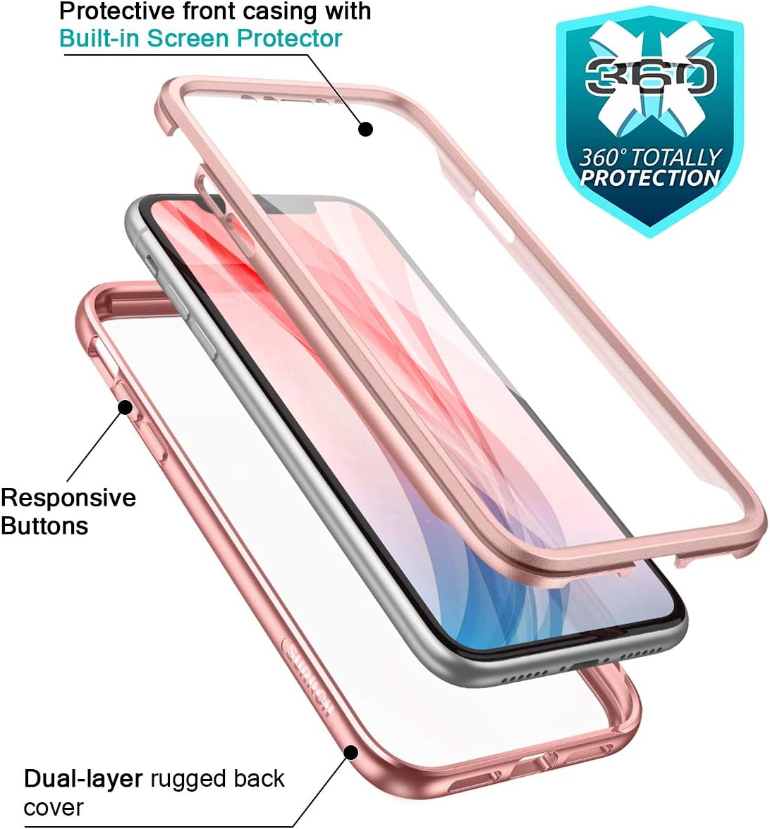 SURITCH Clear Case for iPhone 11, [Built in Screen Protector][9H Tempered Glass Back][Metallic Electroplated] Shockproof Hard Full Body Protection Silicone Bumper Cover for iPhone 11 6.1"(Rose Gold)
