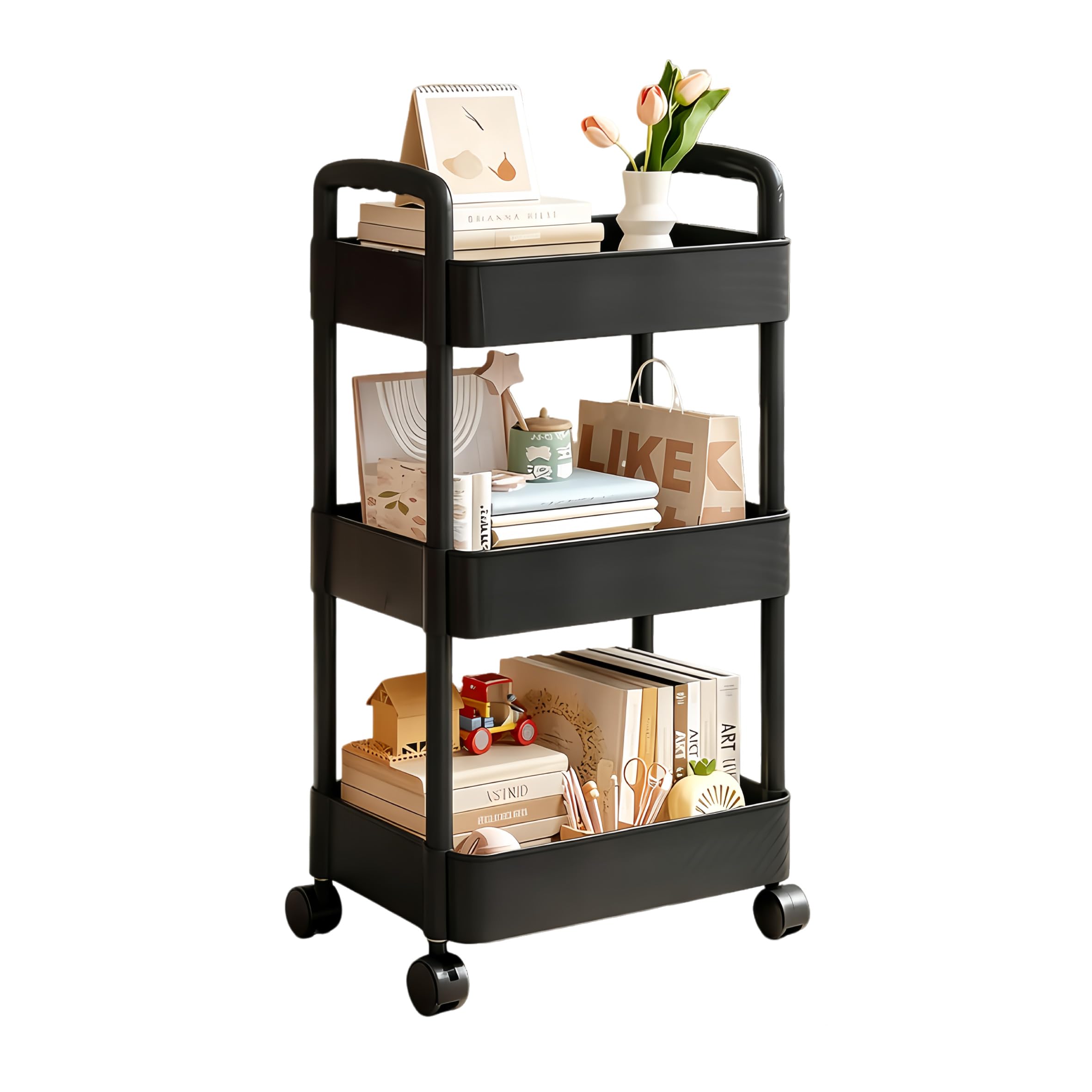 MEETOZ 3 Tier Metal Storage Trolley, 3 Tier Rolling Cart with Handle, Kitchen Rolling Utility Cart Storage Organiser, for Living Room Bathroom Kitchen Office Laundry Room, Narrow Places