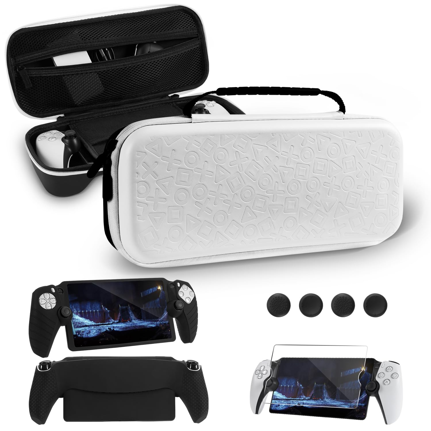 Set di Accessori 8 in 1 Compatibile con Playstation Portal, Custodia Rigida con Copertura in Silicone per PS5, Protezione Schermo e 4 Tasti da Pollice, Nero e Bianco