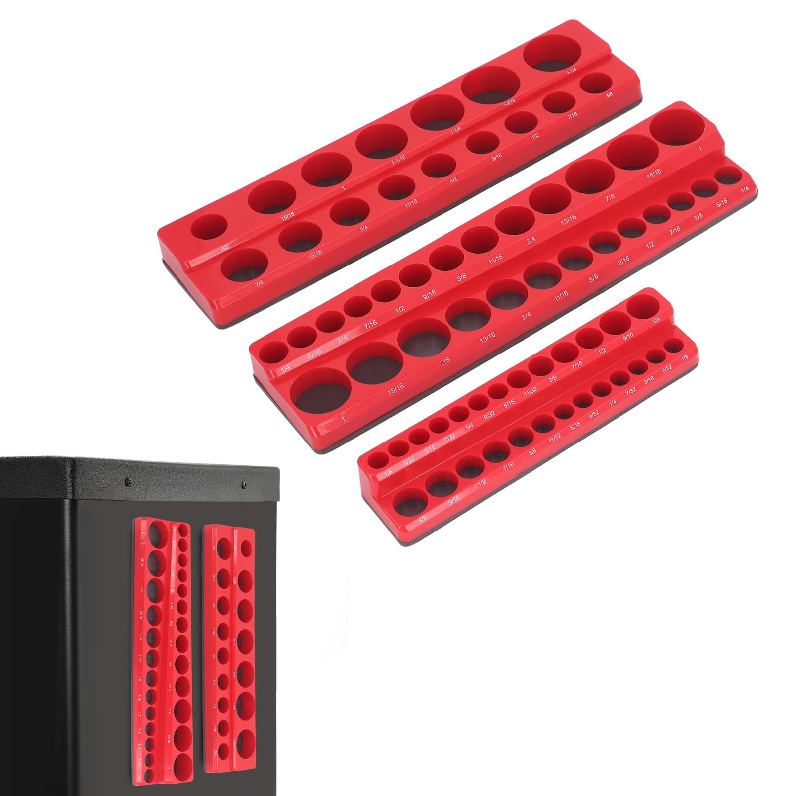 Organizzatore Portaprese Magnetico 3 Pezzi con Vassoio Portaoggetti, Bussole in Plastica 1/4 3/8 1/2 Pollice, Set 68 Pezzi per Cassetta Attrezzi - Grande Capacità
