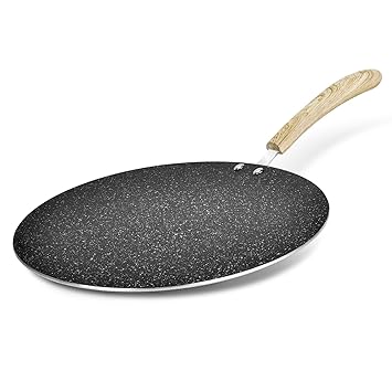 BERGNER Bellini+ Aura Black Non Stick Flat Tawa 30 cm, Sturdy Rivertless Construction with Soft Touch Wooden Finish Handle, Induction Bottom, Gas Ready