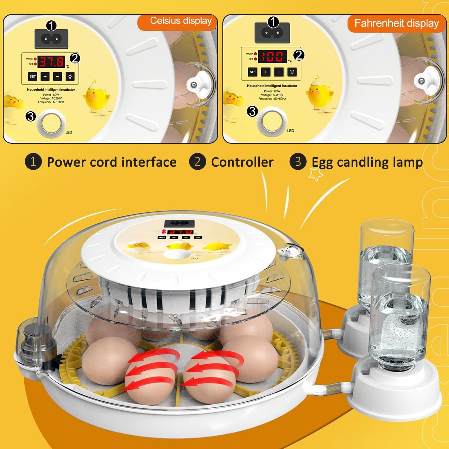 8 Egg Incubators for Hatching Eggs, Incubator for Chicken Eggs 360 Degree View, Automatic Egg Turner and Egg Candler, Farm Poultry Egg Incubators for Chicken Duck Goose Quails Eggs