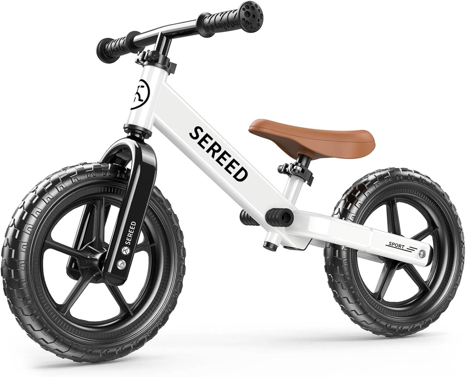 SEREED 12 Inch Toddler Balance Bike, No Pedal Bike for Kids 24 Months to 5 Years Old, Customize Plate (3 Sets of Stickers Included), Tool-Free Adjustments, Gift for Boys Girls 2-5 (White)