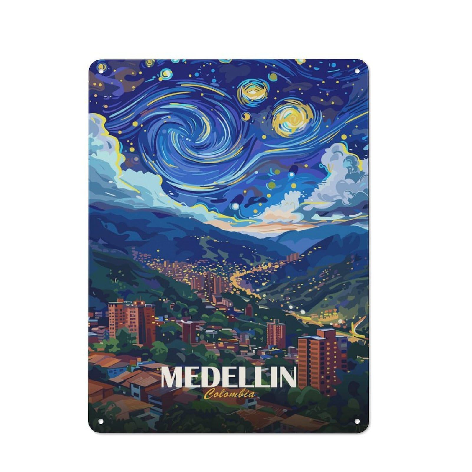 Junmoney Style-18 Rustic Medellin Colombia Starry Night Art Rustic Tin Sign 40X30cm, Porch Wall Decor For Greenhouse, Garden Room, Cafe Or Entryway