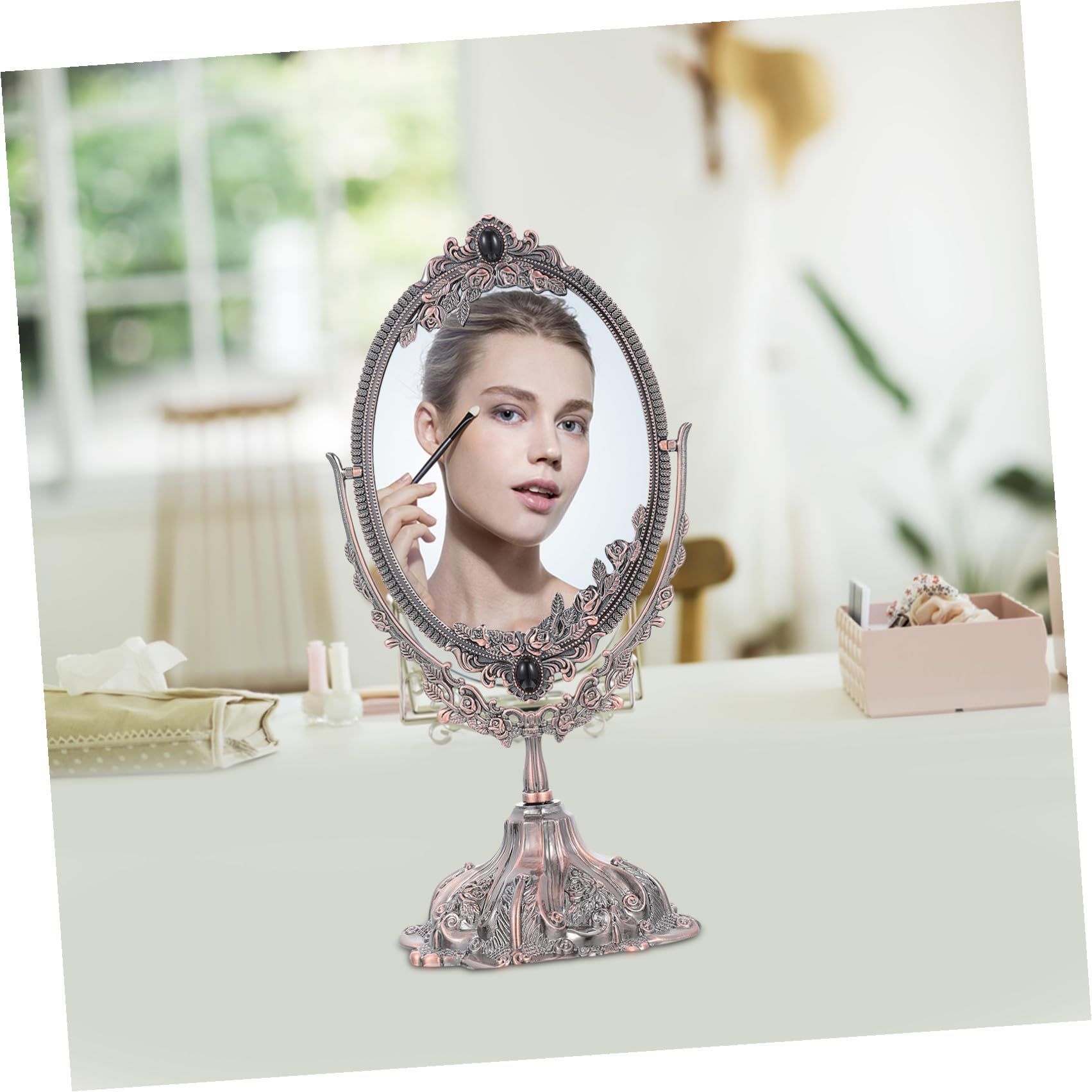 Vintage Schminkspiegel aus Zinklegierung, Doppelseitig Drehbar | Europäischer Stil, Flacher Standfuß für Stabile Platzierung, für Make Up und Hochzeit