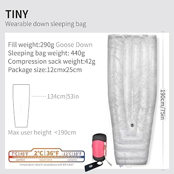 Wind Hard Tiny 10D 800FP Ultralight Wearable Goose Down Sleeping Bag for Backpacking & Camping