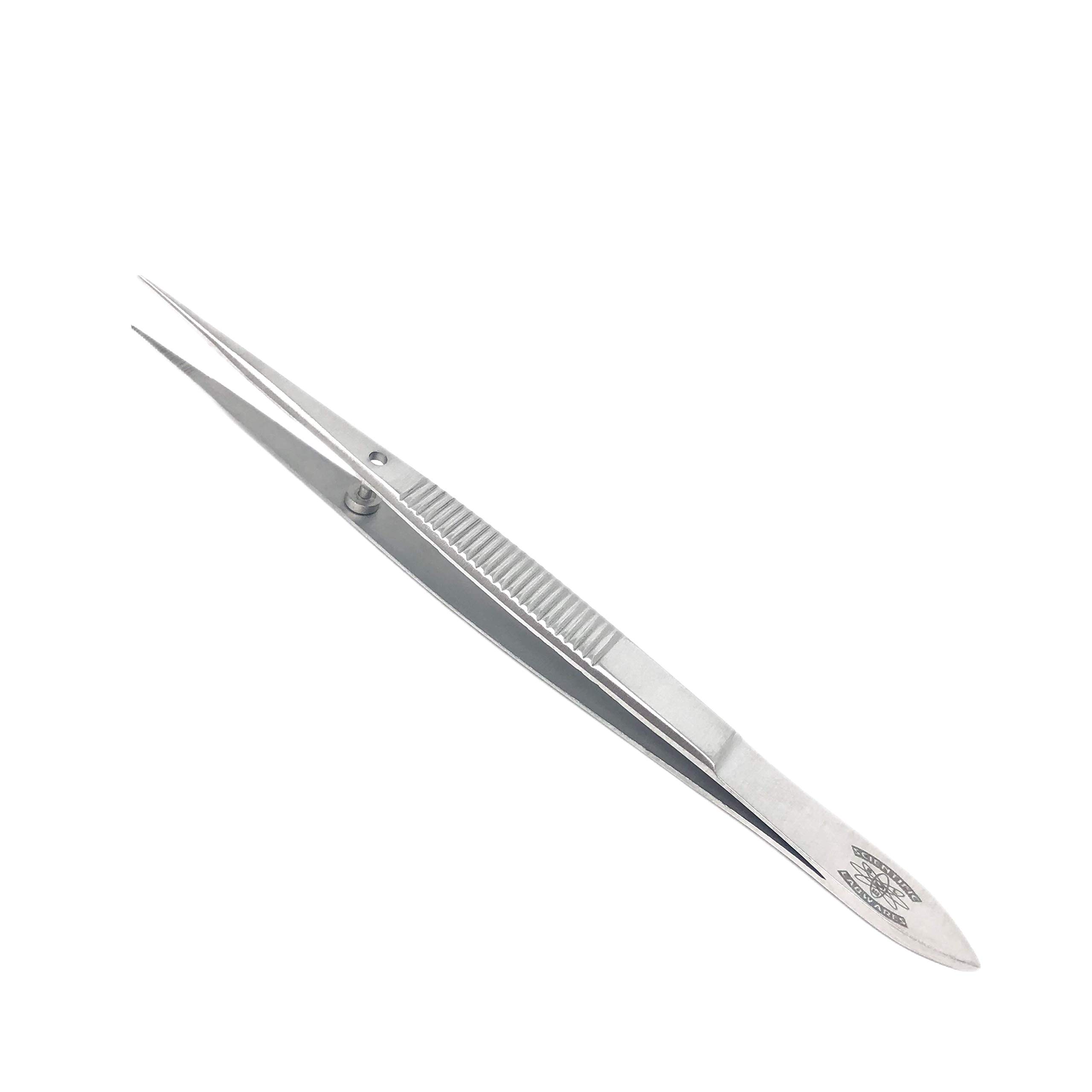 Straight Medium Point Stainless Steel Lab Forceps with Guide Pin (4.5 in.)
