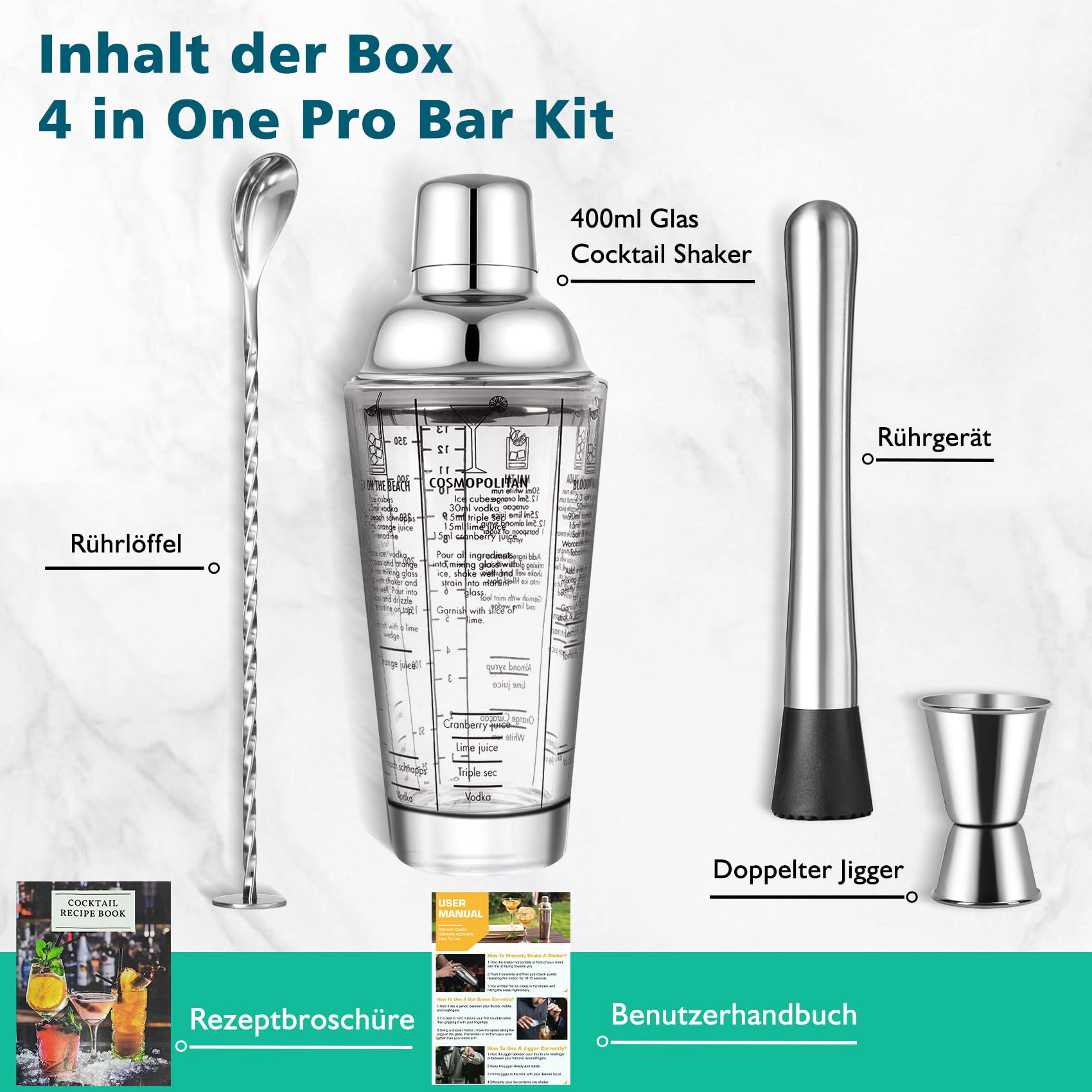 14oz Cocktail-Shaker-Set aus Glas, 4-teiliges Barkeeper-Set, Martini-Mixer-Shaker mit integriertem Sieb, Rührlöffel, Messbecher und Stößel, Bar-Werkzeugset für Anfänger (Silber)