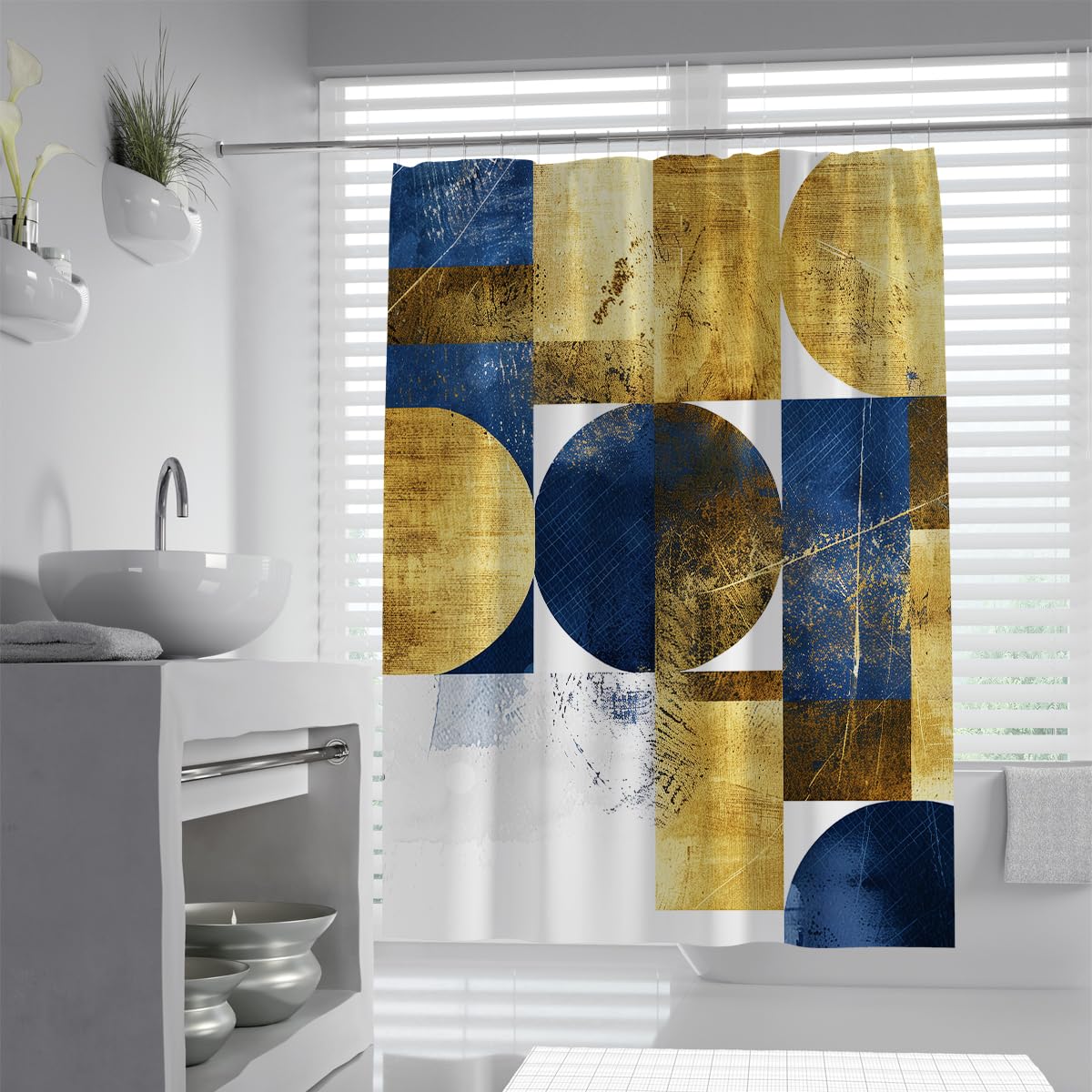 UIRINGART Geometric Shower Curtain W120xL180cm Modern Navy Blue Gold Foil Texture Circles Blocks Anti Mould Machine Washable Polyester Fabric Apartment Bath Curtains