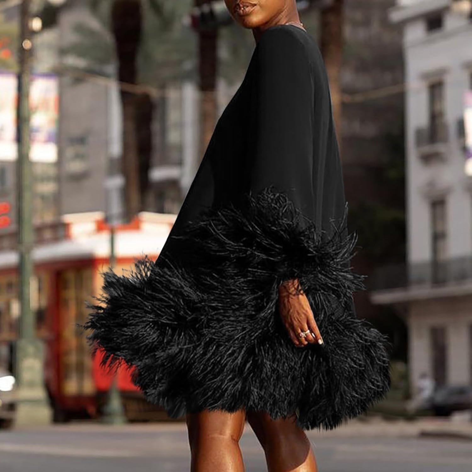 Trendy Long Sleeve Feathers Midi Dress for Women Plus Size Elegant Formal Smocked Flowy Cute Cocktail Party Dress - Image 6