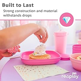 Re-Play Toddler Plates - 22 Oz. Deep-Walled Flat Kids Plates - Dishwasher & Microwave Safe - Made in USA - Set of 3-7.37 x 7.37 x 1.25 - Modern Blue