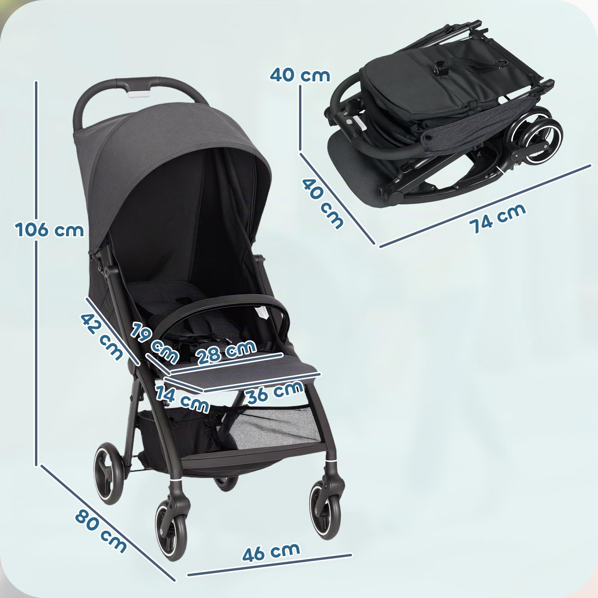 AIYAPLAY Poussette légère 6,3 kg pliable d'une main Gris | 0-3 ans, inclinaison compacte, repose-pieds réglable, auvent, roues, panier de rangement, jusqu'à 15 kg