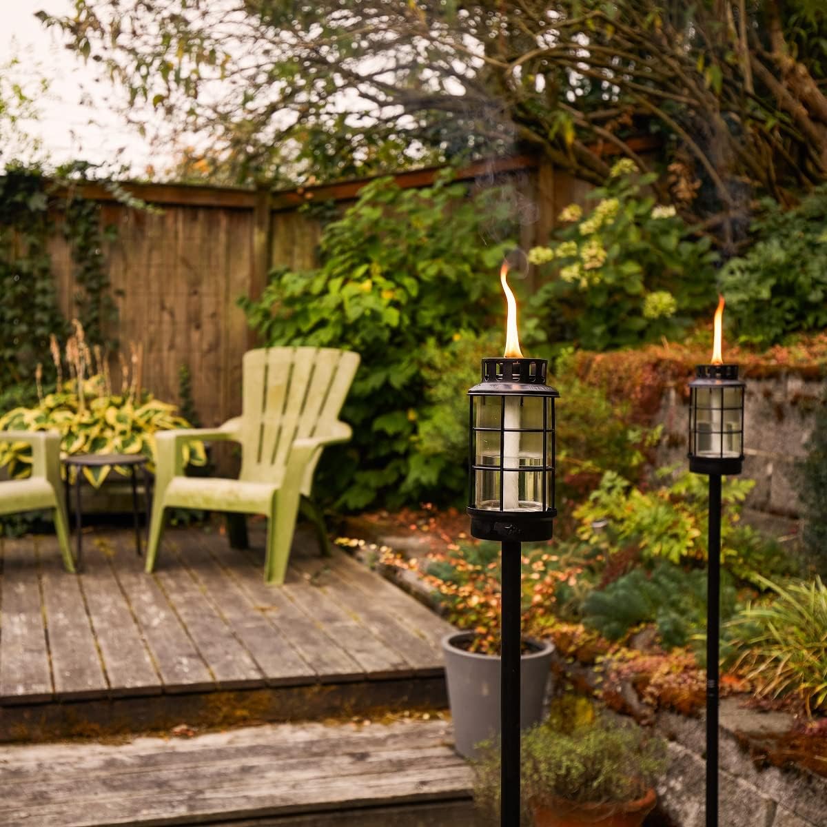TIKI Outdoor Glass Lantern Torch – Weather-Resistant Decorative Torch for Patio, Garden & Backyard with 4-Piece Adjustable Height Pole, Fiberglass Wick & Snuffer, Black