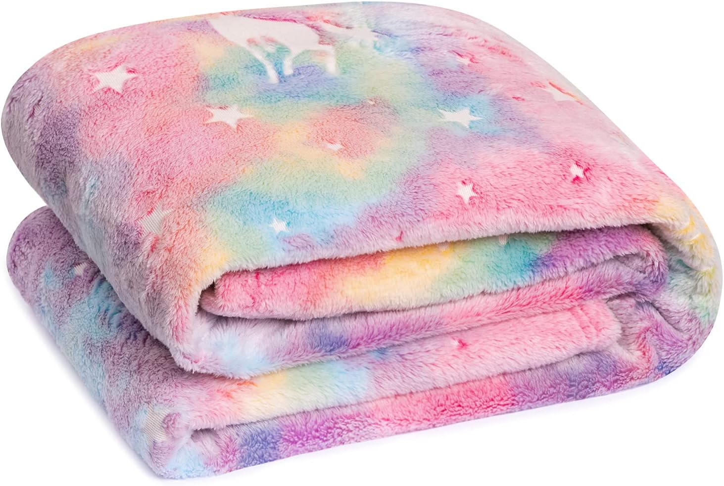 WBHome Glow in The Dark Unicorn Throw Blanket 50 X 60 inch, Christmas Birthday Gifts for Teen Kids Girls Boys and Grandkids, Soft Warm and Plush Rainbow