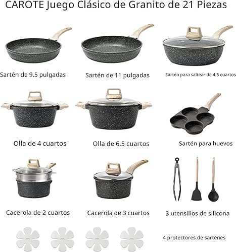 Miniatura 2 de CAROTE Juego de 21 ollas y sartenes antiadherentes, juego de utensilios de cocina de inducción de granito negro con sartenes y cacerolas (PFOS,