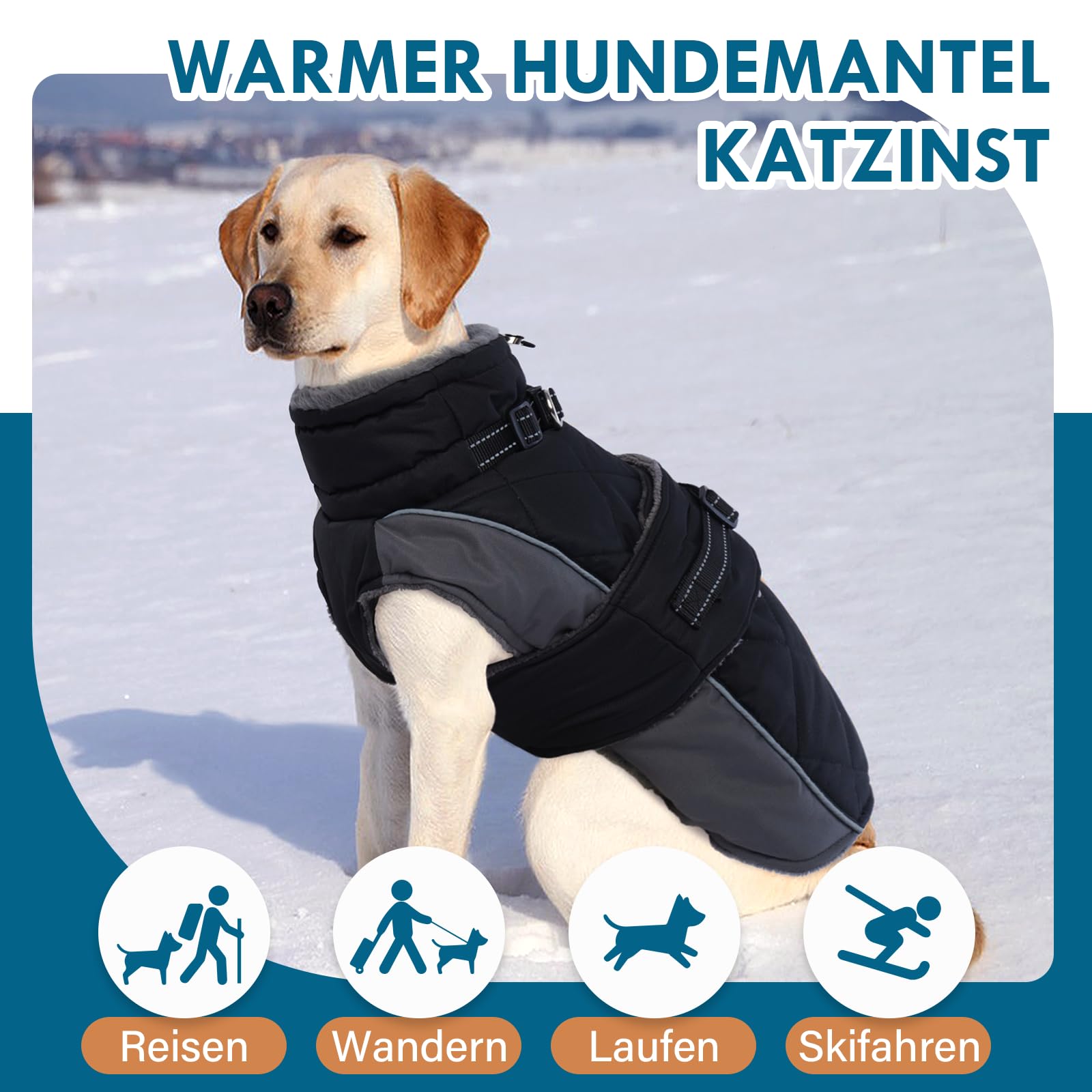 Hundemantel, Hunde Wintermantel mit Reflektierenden Streifen Geschirr Faltbarer Fleece Ausschnitt, Wasserbeständig Hundemantel für Große Hunde, Deutsche Dogge, Schwarz, 3XL