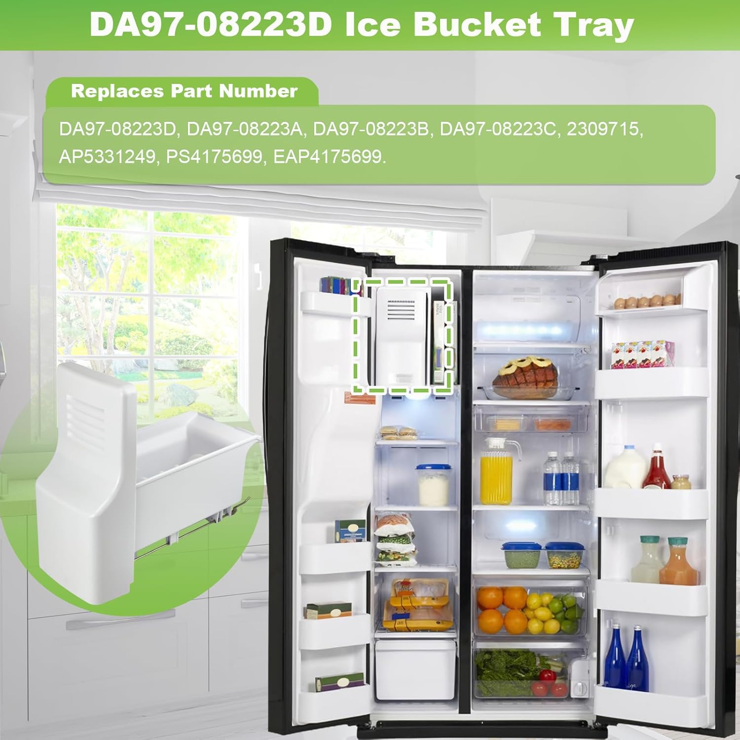 DA97-08223D Ice Bucket Assembly Compatible with Samsung RS25J500DSG RS25J500DSR RS261MDRS RS261MDWP Refrigerator Ice Maker Tray, Replaces DA97-08223A DA97-08223B 2309715 Ice Container