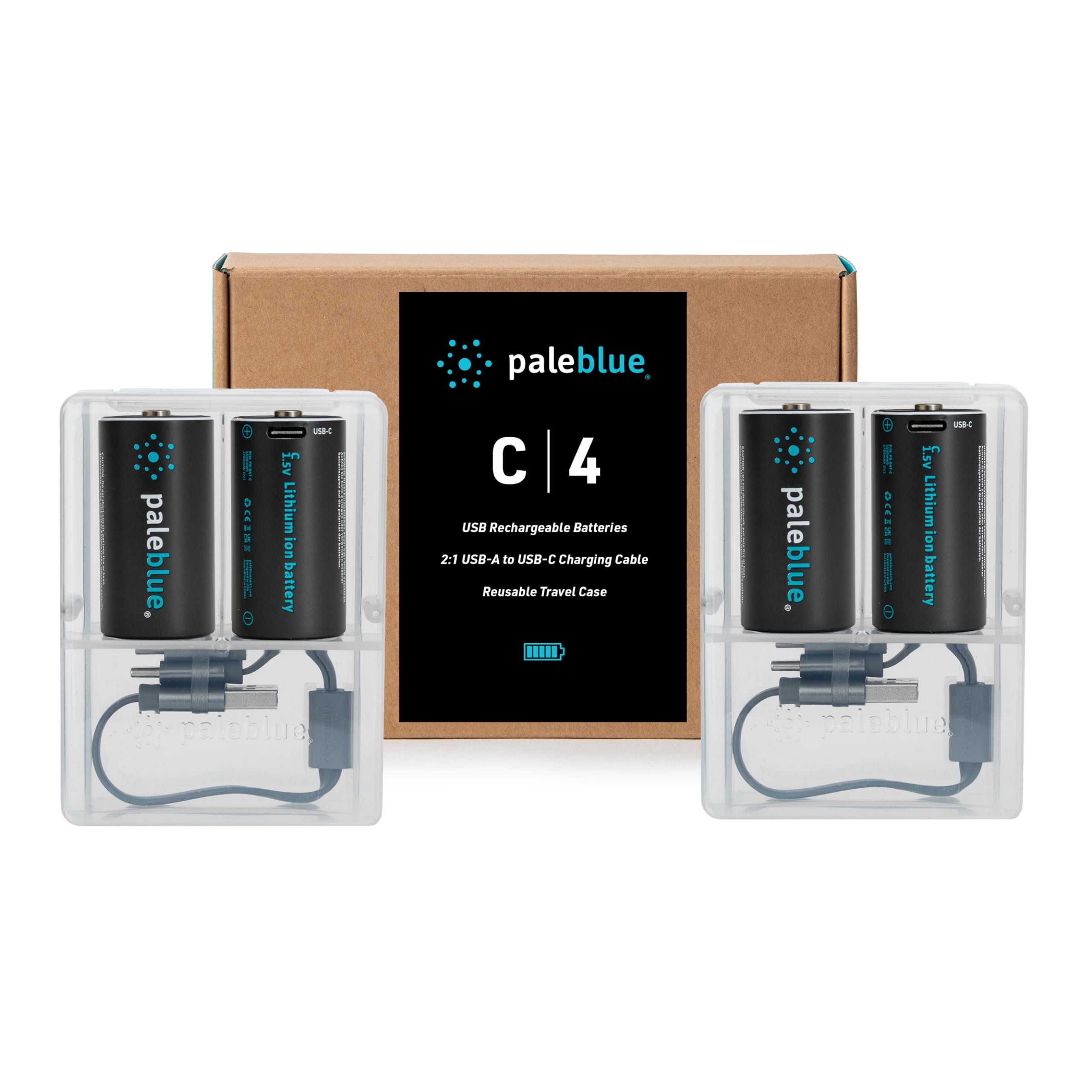 Rechargeable C Batteries with USB Charger by Pale Blue, Lithium Ion 1.5v 2800 mAh, Charges Under 3.5 Hours, Over 1000 Cycles, 2-in-1 USB to USB-C Charging Cable, LED Charge Indicator, 4-Pack