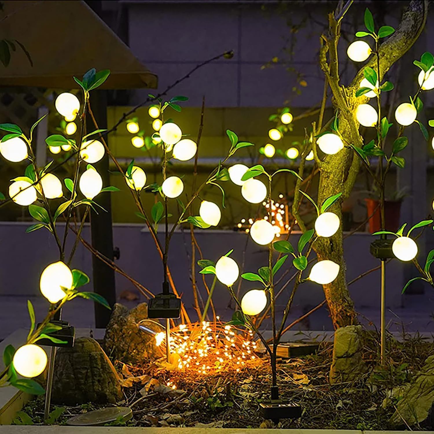 DINOWIN Outdoor Solar Garden Light, 2 Pack of Solar Flower Tree Lights with Realistic Lemon, Waterproof LED Decorative Light Outdoor Pile Lighting for Courtyard Garden Lawn Decoration (Lemon) - Image 2