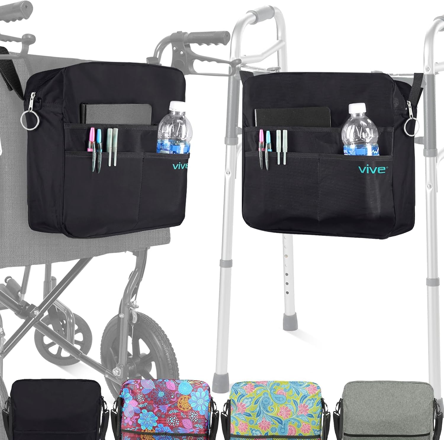 Vive Wheelchair Bag - Machine Washable, Double-Stitched, Water-Resistant Accessory Backpack for Rollators, Wheel Chairs, Walkers - Pouch with XL Pockets & Straps for Quick Installation