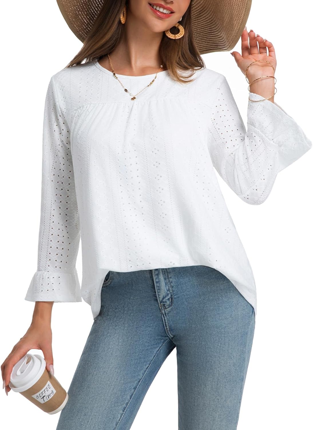 Women Boho Double Layered Crewneck Tunic Eyelet Tops Loose Fit Dressy Cute 3/4 Sleeve Casual Blouses Shirts 2026 - Image 5