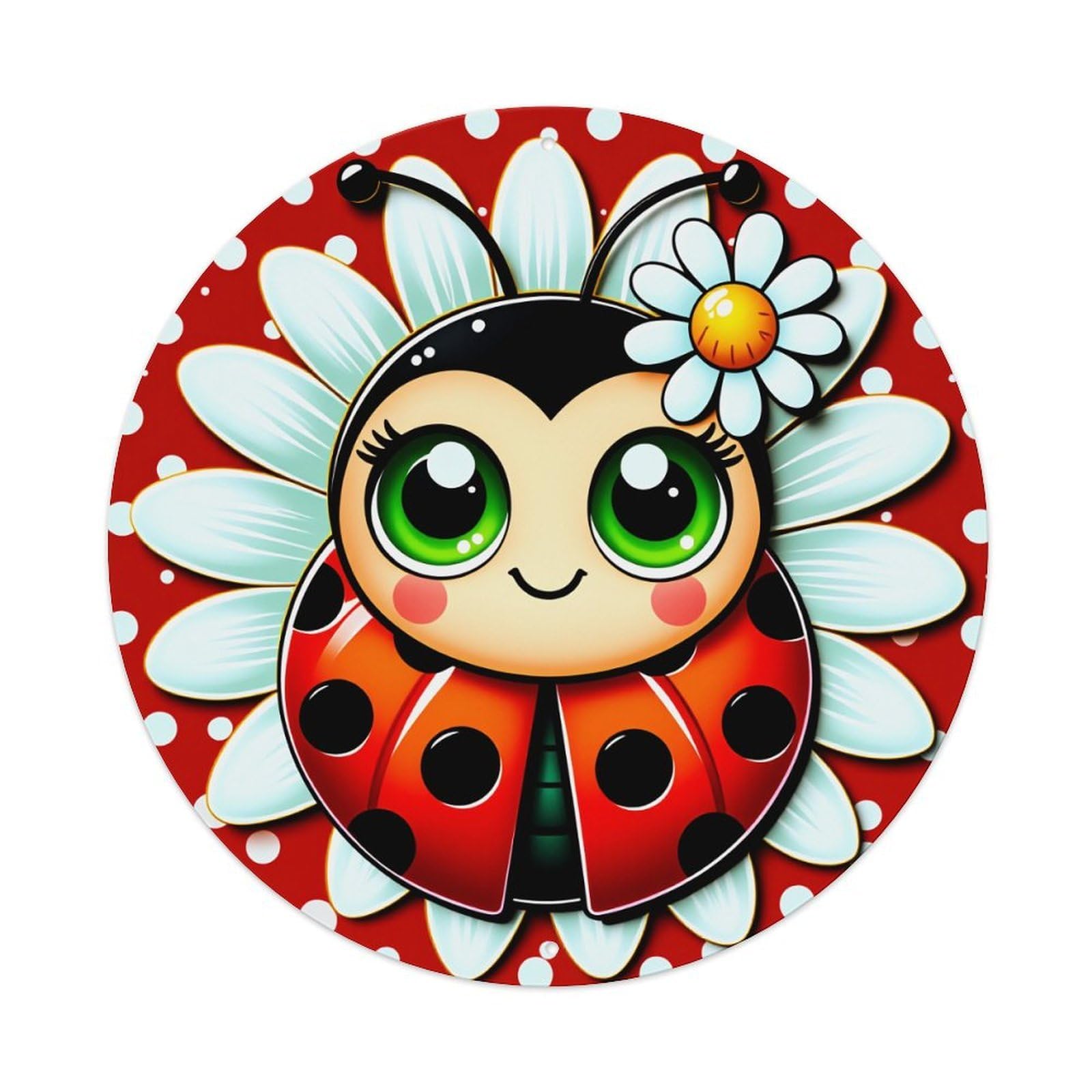 Ladybug With Flower Background Pattern Print Round Vintage Tin Sign,Retro Wall Art,Metal Poster for Home, Bar, Garage, Cafe, Rustic Indoor & Outdoor Decor, 8x8 Inches