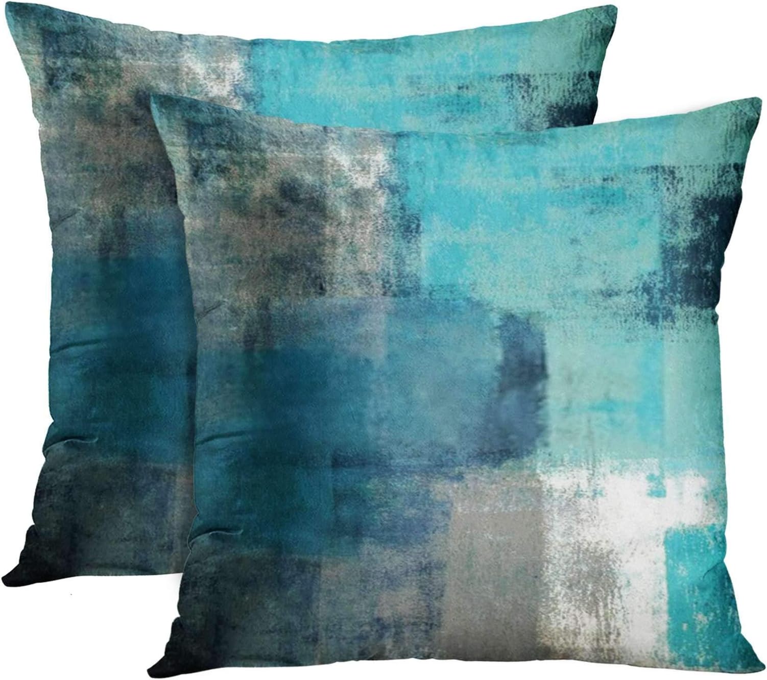 Taysta 2PC Decor Throw Pillow Covers Turquoise and Grey Cushions Rectangle Abstract Art Painting Style Modern Contemporary Stylish Home Decorative Cushion Pillow Cases 16" x 16" Pillowcases