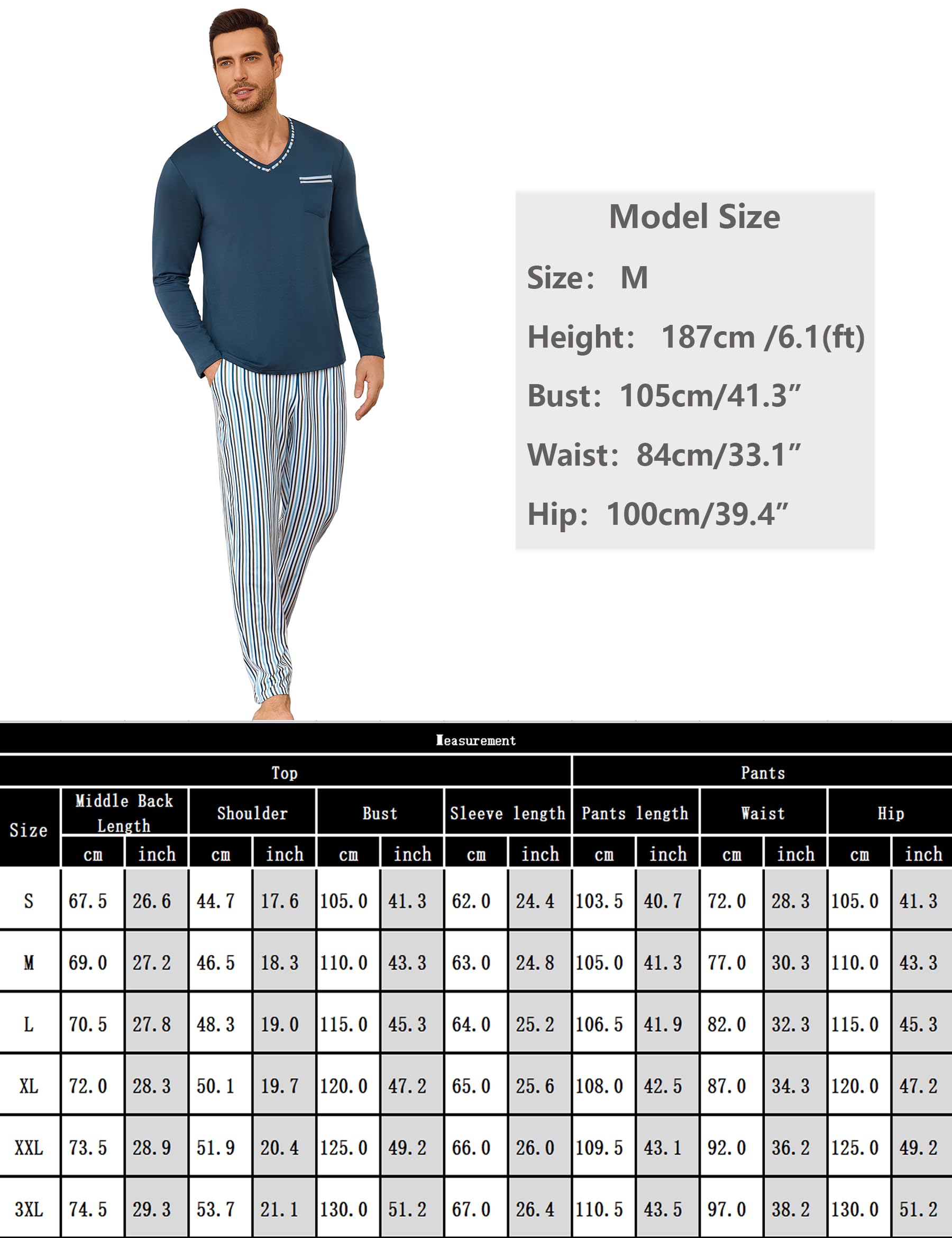 Demegimi Pijamas para Hombre Invierno de Manga Larga Algodón Conjunto de Cuello Redondo Ropa de Dormir 2 Pieza
