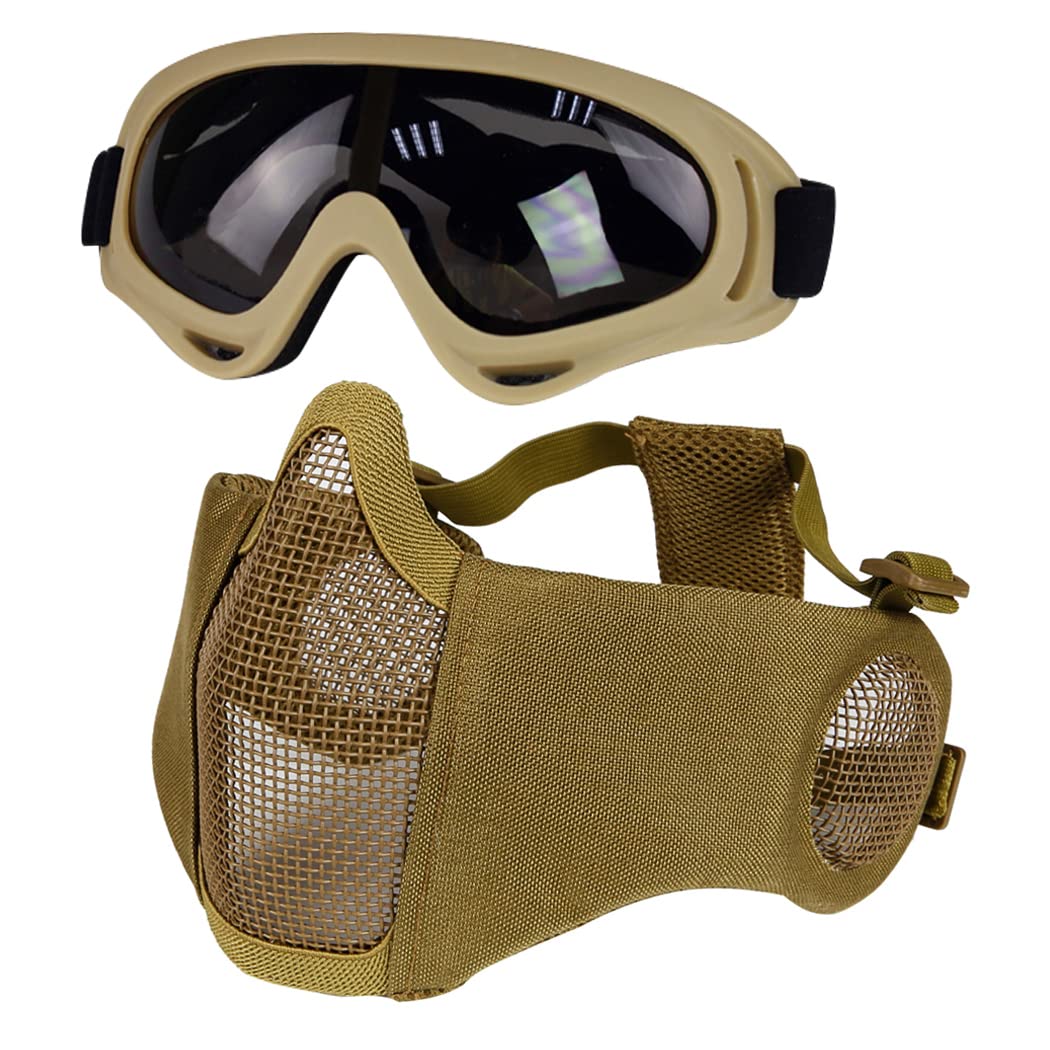 Airsoft Mask with Goggles, Foldable Half Face Airsoft Mesh Mask with Ear Protection for Paintball Shooting Cosplay CS Game (DE)-image-11